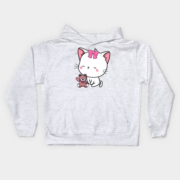 Cute angora cat holds a teddy bear Kids Hoodie by Pet Station